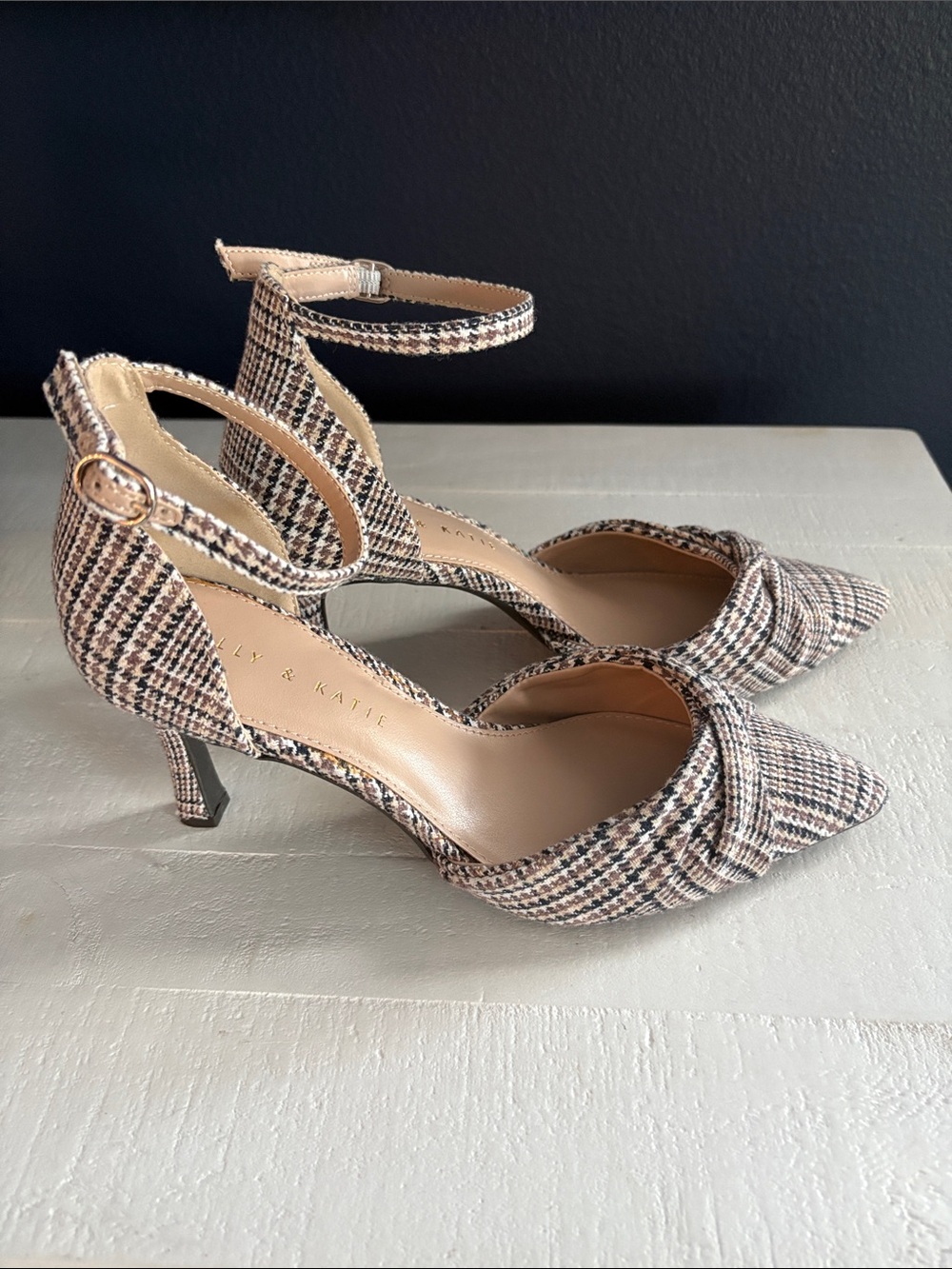 Kelly & Katie Tweed Pointed-Toe Ankle Strap Heels in Beige - Picture 3 of 5